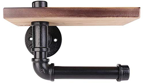Candora Roll Holder Industrial Iron Pipe Toilet Paper roll Holder Towel Dispenser Storage Rustic Style Tissue Hanger Black Malleable Metal Iron & Brown Wood Wall Mounted Bathroom Paper Shelf