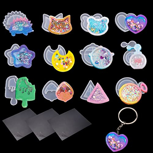 FineInno 12 Pezzi Stampi per Resina, Stampo Resin Quicksand con PVC Foglio Stampi in Silicone Shaker Stampi Epossidica per Gioielli Ciondolo DIY Pendente