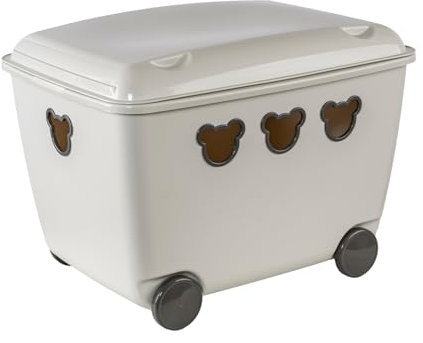 BranQ Home essential Multifunctional 55 litre Large Toy Storage Container with Wheels, BPA free Plastic Bear Toy Box for Kids 53.4 x 37 x 39.8 cm (LxWxH) - Beige