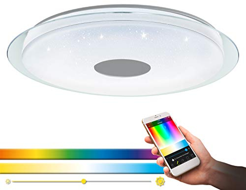 EGLO connect LED Deckenleuchte Lanciano-C, 1 flammige Wandlampe mit Kristall-Effekt, Stahl, Kunststoff, Weiß, Tansparent, Chrom, Fernbedienung, Farbtemperaturwechsel (warm–kalt), RGB, dimmbar, Ø 77 cm