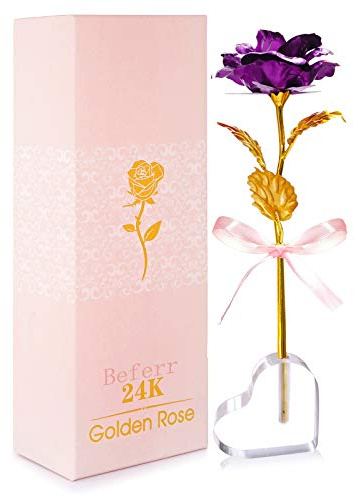 Beferr Gift for Her Purple Rose Gift w/Heart Stand Birthday Christmas | Golden Foil Forever Rose,Birthday Gifts for Mum,Grandma,Wife,Girlfriend,Eternal Rose Gift,Anniversary,Valentines,Mothers Day