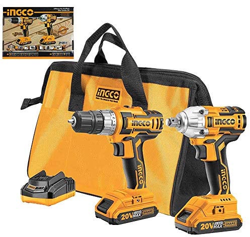 Ingco Ckli2007 Set Completo Di Trapano Avvitatore e Avvitatore A Impulsi A Batteria 20 V Con Caricabatterie 2 Batterie 2 Ah E Borsa
