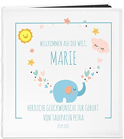 Maverton Fotoalbum zum Selbstgestalten mit Aufdruck, für 240 Fotos 10x15 | 60 Schwarze Seiten, Größe 33x30cm, Weiß, personalisierte Geschenke für Baby zur Taufe Geburt, Geburtstagsgeschenk