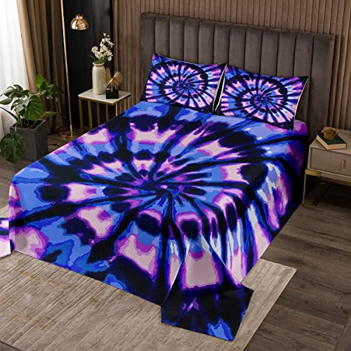 Loussiesd Tie Dye Steppdecke für Kinder Jungen Mädchen Boho Hippie Tie Dye Bettüberwurf Lila Blau Trippy Strudel Tagesdeck 220x240cm Wohndecke Schlafzimmer Dekor Bohemien Gypsy 3St