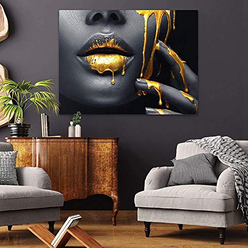 Bilder Wohnzimmer Deko Wandbilder,Schwarz Gold Frauen Lippen Leinwand bilder,Sexy Lippen Leinwand Gemälde Drucke,Modern schlafzimmer bilder Poster,Kein Rahmen