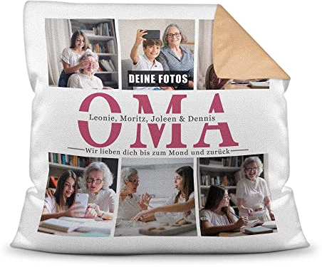 Foto-Kissen selbst gestalten - Oma wir lieben Dich - Collage mit 6 Fotos & Namen - Geschenk für die Beste Oma von Enkelkindern - inkl. Füllung, Farbkissen Rückseite Mokka, 40x40 cm