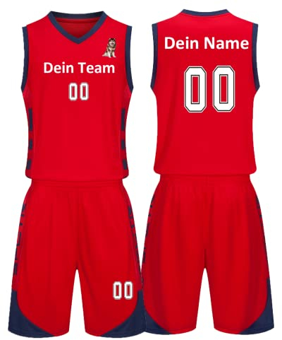 Benutzerdefiniert Basketball Trikots Kinder Herren mit Namen Nummber Logo Basketball Jersey Shirt und Shorts (rot)