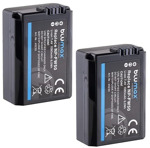 Blumax Lot de 2 batteries compatibles avec Sony NP-FW50, 1080 mAh, pour Sony Alpha, 7, 7II, 7R, 7S II, 6300, 6500, NEX-6, NEX-7, NEX-F3, CyberShot DSC RX10 IV, ZV-E10