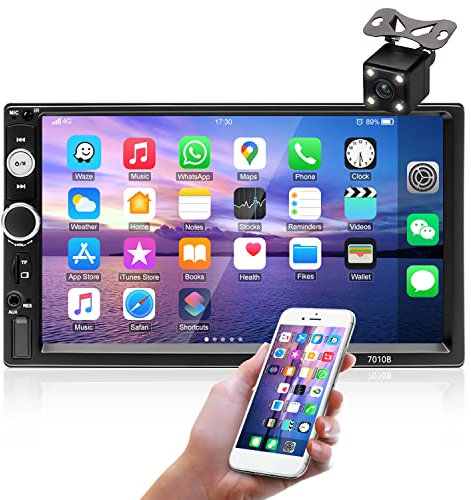 CAMECHO 7 Inch Touch Screen Bluetooth Double Din Car Stereo with Backup Camera Support FM Radio/Mirror Link/USB/TF/AUX/SWC