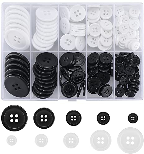 160 Stück Schwarze Weiße Knöpfe - 4 Löcher, Rund, Harz für Nadeln, Stricken & Handwerk - 10mm, 13mm, 15mm, 20mm, 25mm
