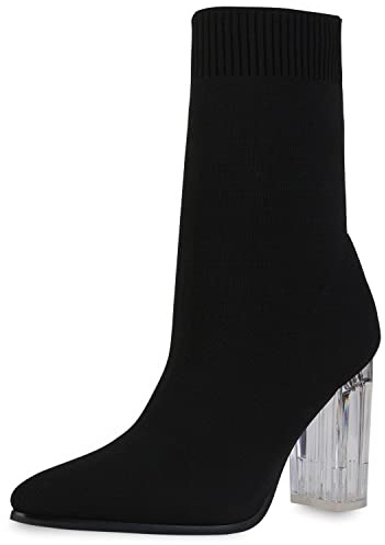 VAN HILL Damen Schlupfstiefeletten mit Blockabsatz Strick Transparent