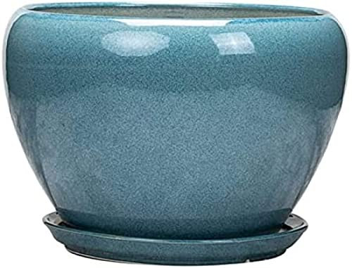 EARLY Übertopf Hellblauer Keramik-Pflanzen-Blumentopf Im Mediterranen Stil, Glasierter Innenbehälter, Bonsai Mit Drainageloch, Untertasse, Heimbüro-Dekoration, 14,5 X 20 cm,17,5 * 25cm,Remarkable88
