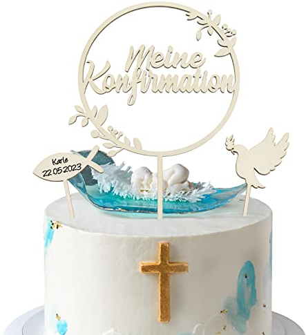 COLOFALLA Cake Topper Konfirmation Holz Meine Konfirmation Tortendeko Torten Topper Taube Fisch Kuchen Deko Tortendeko Party Dekoration für Junge Mädchen