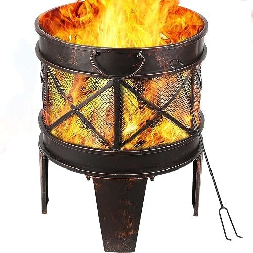 TLSUNNY Feuerschale 58 x 45 x 42 cm,Feuerkorb, Kamin mit Feuerschale Rund in Antik-Rost-Optik, Griff und Schürhaken, Mehrzweck-Feuerkorb für schöne Abende im Garten
