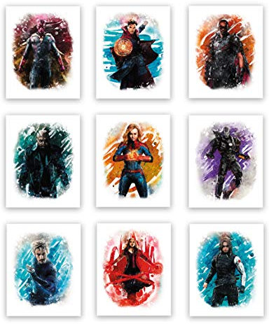 Avengers-Superhelden-Set, 2 Aquarell-Kunstdrucke (ungerahmt), tolles Geschenk-Set mit 10 Stück (20,3 x 25,4 cm), perfekt für Jungenzimmer-Dekoration, Wespe, Captain Marvel