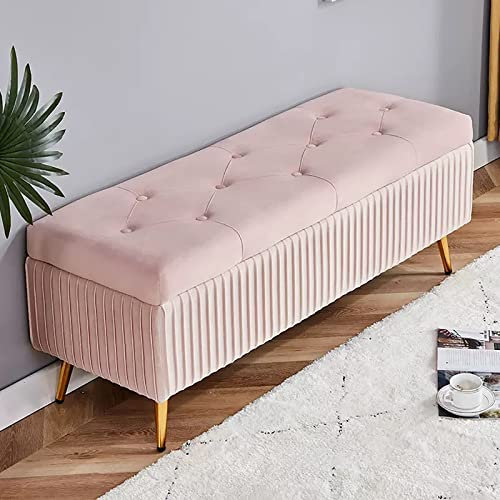 Modern Velvet Storage Bench With Gold Metal Legs - Button-Tufted Ottoman Footrest, End of Bed Bench for Living Room, Bedroom, Entryway (Color: Pink, Size:)