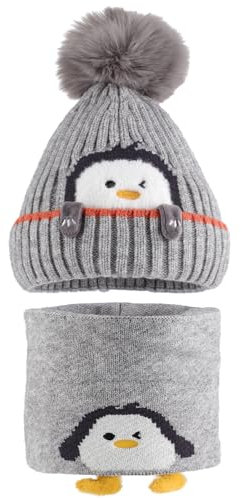 MASOCIO Wintermütze Baby Mütze Schal Set Kinder Junge Mädchen Winter Herbst Warme Babymütze mit Bommel Kindermützen Loop Strickmütze Fleece Beanie Hat 1-3 Jahr Grau