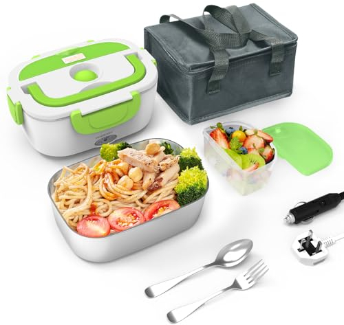homeasy Electric Lunch Box, 80W 3 in 1 Food Heater Warmer 1.5L Removable Food-Grade Stainless Steel Container Portable for Car, Office, School and Home Use 220V/12V/24V (Green with Bag)