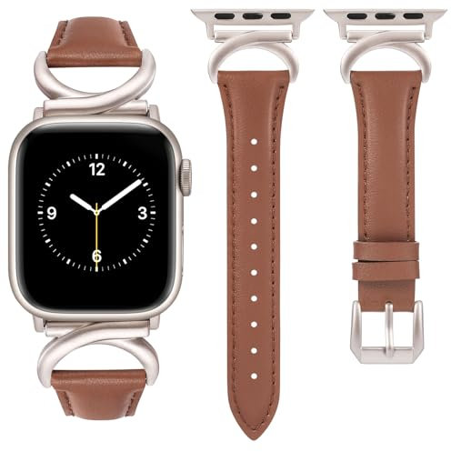 TOYOUTHS Leather Strap Compatible with Apple Watch Straps 41mm 40mm 42mm 38mm Women Slim Thin Dressy Strap with C-Shaped Metal Buckle for iWatch Series 11 10 9 8 7 6 5 4 SE 3 2 1, Brown/Starlight