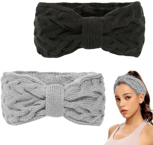 Roysmart Stirnband Damen Winter, 2 Stück Stirnbänder Strick, Winter Gefüttert Fleece Haarband, Elastische Kopfband Gestrickte Headband Frauen Haarreifen Strick Headwrap (Schwarz + Grau)