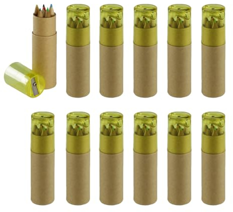 WPRO Mini Buntstifte Set Kinder Tilly 12x Dose je 6 Farben mit Anspitzer gelb | Mitgebsel Geburtstag Einschulung Holzstifte für Partytüte Reise