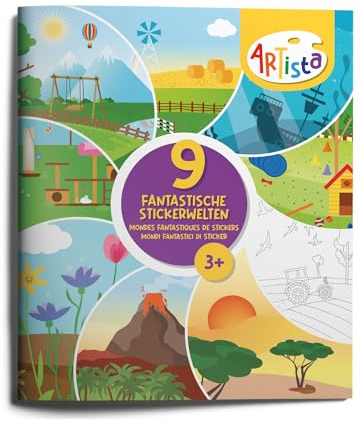 Artista 9315252 Stickerbuch Fantastische Stickerwelten, 9 Themenwelten zum Bekleben und Ausmalen, Stickeralbum mit 18 leeren beschichteten Seiten, wiederverwendbar