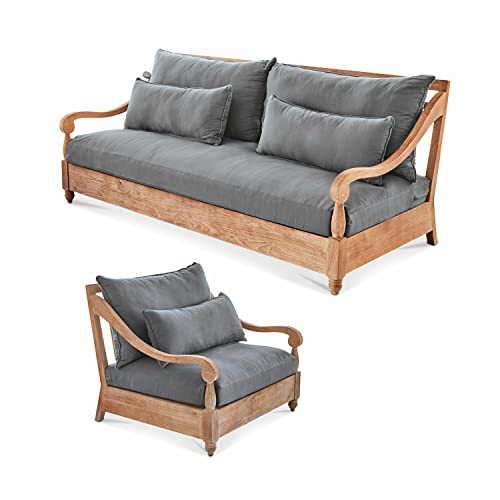 Loberon Sitzgruppe Montcassin, EIN Sofa & EIN Sessel, inkl. komfortabler Kissen, mit White-Washed-Finish, Gartenmöbel, Outdoor, Teakholz, Polyester, braun/grau