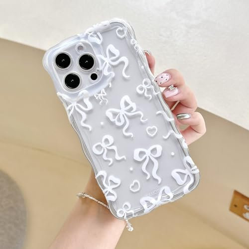 UEEBAI for iPhone 15 Pro Max Case 6.7, Bow Wavy Cute Ribbon Pretty Aesthetic Case Curly Stylish Soft Wave Clear Phone Shockproof Protective Pretty Cover for Women Girl - White