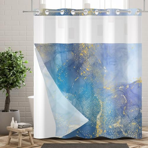 Ttincceer Rideau de Douche sans Crochets avec doublures encliquetables Bleu Violet marbre Texture Rideaux de Douche sans Crochets Double Couches Tissu Rideau de Salle de Bain 180x210cm