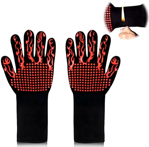 Oven Mitts,BBQ Fireproof Gloves, Grill Cut-Resistant Gloves 1472°F Heat Resistant Gloves, Non-Slip Silicone Oven Gloves, Kitchen Safe Cooking Gloves for Oven Mitts,Barbecue,Cooking, Frying (Red-1)
