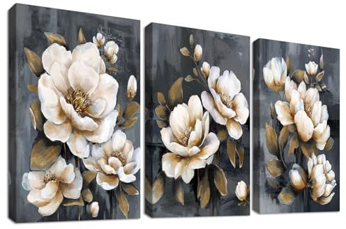 3 Pcs Cremefarbene Pfingstrosen Blumen Mit Rahmen Leinwand Bilder Goldene Blätter Grau Bild auf Leinwand Malerei Wandbilder Wanddeko Wohnzimmer Schlafzimmer Dekorationen 90x40cm (12x16x3pcs)