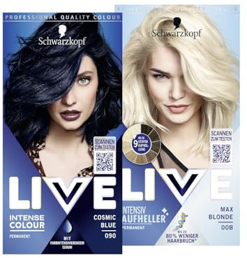 Schwarzkopf LIVE Intense Colour Haarfarbe 90 Cosmic Blue (142 ml), dauerhafte Coloration & LIVE Aufheller Max Blonde 00B (142 ml), Blondierung ohne Gelbstich, Haare Aufhellen