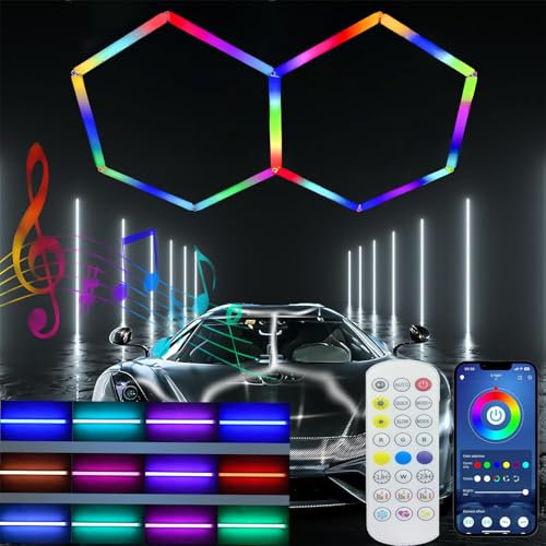 Fohatu Lampes De Garage À LED Hexagonales Lumiere Hexagone Garage,Lampe Hexagone LED Garage RGB,éclairage De Garage LED Hexagonal,sous-Sol,entrepôt,Salon De Beauté Automobile,Atelier,RGB,2 grilles