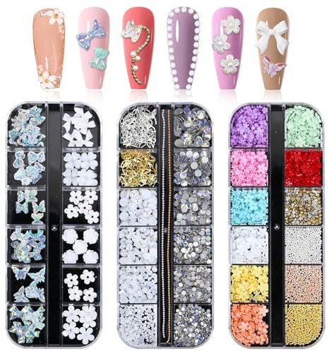 3D Nail Art Gem Kit - Butterfly, Flower, Star, Bear, AB Crystals & Cute Nail Charms - 3 Boxes of Acrylic Gems with Tweezer for Nail Design, DIY Crafting & Jewelry Making