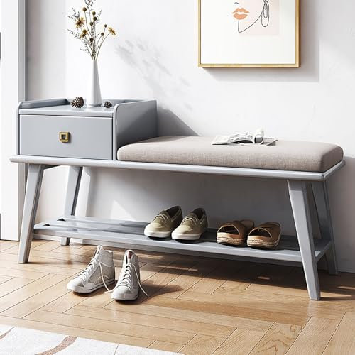 Entryway Bench with Shoe Rack, Linen Storage Ottoman Bench for Bedroom End of Bed, Storage Bench for Bedroom with Drawer, Upholstered Storage Benches for Dining Room, Living Room, Hallway, Entryway(Gr