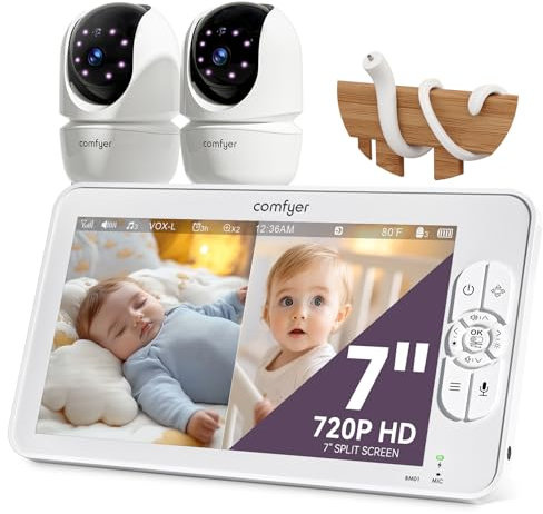 Comfyer No WiFi Split-Screen Baby Monitor with 2 Cameras and Night Vision, 7 HD Baby Monitor with a Flexible Bracket, Audio Alert, High/Low Temperature, VOX Mode, 2 Way Audio, Remote PTZ