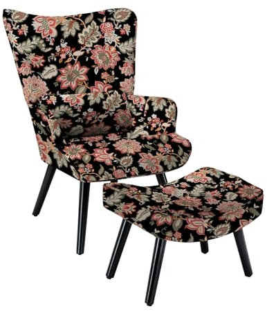 Matomn Relaxsessel mit Hocker Patchwork Sessel Holz Sessel Wohnzimmer moderner Ohrensessel mit Massivholzfüße Fernsehsessel Leinen Loungesessel Stuhl (Rote Blume)