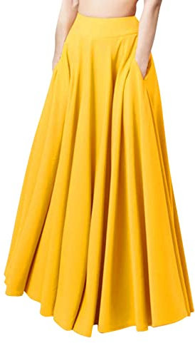 2025 Femmes Travailler Ample Décontracté Longue Grande Jupe Plissée Solide Taille Élastique À La Ceinture Large, jaune, M