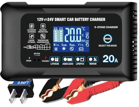 YHCHKJ 20Amp: 12/24V Smart Car Battery Charger – Automatic Maintainer, Trickle Charger & Desulfator with Overcharge Protection & Temperature Compensation – for Lead-Acid & Lithium & LiFePO4 Batteries