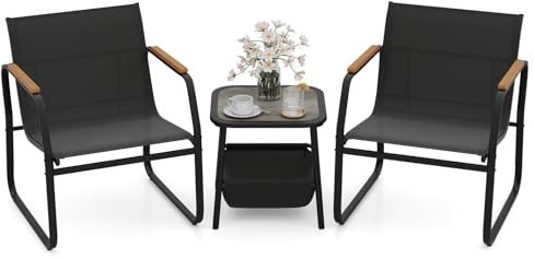 COSTWAY 3-Piece Patio Bistro Set, Garden Furniture Set with Coffee Table and Chairs, Metal Frame Outdoor Conversation Table Chairs Set for Balcony, Lawn and Poolside