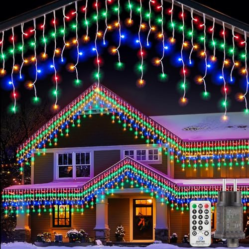 LaiTeny Led Eisregen Lichterkette Außen 10m - Lichtervorhang Aussen Outdoor Weihnachtsbeleuchtung mit Fernbedienung 8 Modi Timer Wasserdicht Lichterketten für Weihnachten Balkon Haus Blau Bunt