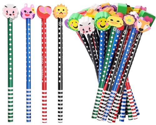 Qzakce HB Bleistifte 50 Stück Kinder Bleistift Holzbleistifte Set Zufällige Cartoon Bleistifte mit Radiergummi für Geburtstag Party Gastgeschenk Kinder Schulzubehör