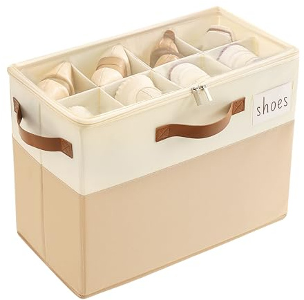 Varhomax Schuhorganizer-Box für Schrank | Stoff-Aufbewahrungsbox mit verstellbaren Trennwänden & transparenter Abdeckung (Braun-Klein-1 Packung)