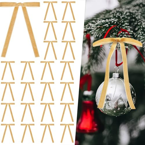30 PCS Christmas Velvet Bows with Twist Ties, 5 x 7in Christmas Tree Decorations Bows with Twist Ties for Xmas Decor Wreath Garland Tree (Gold)