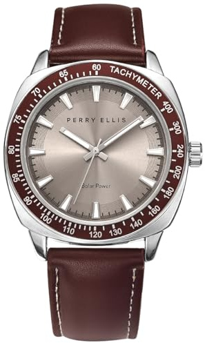 Perry Ellis Solarbetriebene Herren-Armbanduhr – veganes Leder, analoge Armbanduhr für Herren, wasserdicht, 43 mm, mit Aluminium-Tachymeter-Lünette, elegante Geschenkauswahl