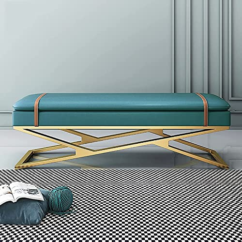 Schuhbank mit weichem Kissen, mit goldenem Boden, bequeme, zweilagige Ledersofa-Bank, stilvoll, blau-grün, multifunktional, 100 x 38 x 45 cm