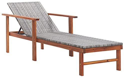 JHQHSM Poly Rattan Sonnenliege mit Akazienholz Rahmen Grau, Wetterfeste PE Geflecht Sitzfläche und Rückenlehne für Garten, Terrasse und Poolbereich, Einfache Montage und Pflege,