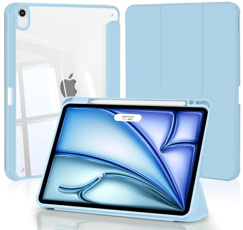 4UBonLife Coque pour iPad Air 11 Pouces M4/M3/M2 2026/2025/2024, iPad Air 5/4 (10,9 2022/2020) avec Porte-Pencil, Housse de Protection Transparente Claire Arrière Étui Antichoc Tablette, Bleu Clair