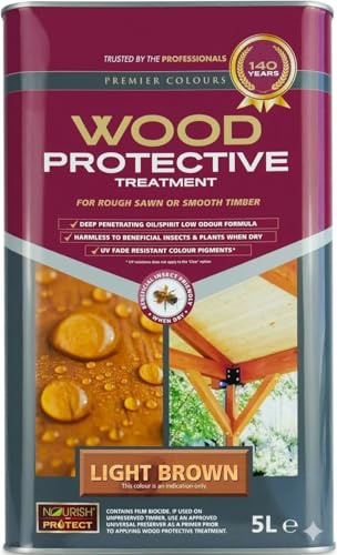 Wood Protective Treatment Deal Treatment for Outdoor Treated Timber Structures. Wood Protector Oil with Water Repellent Qualities. UV & Fade Resistant (Light Brown)