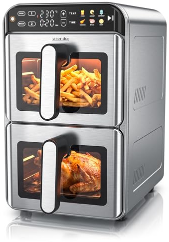 Arendo – Heißluftfritteuse XXL Edelstahlgehäuse - 2 Kammern Doppelstock – 11 Liter Airfryer 2 Zonen – mit Sichtfenster – individuelle Temperatureinstellung – Infrarot Heizelement